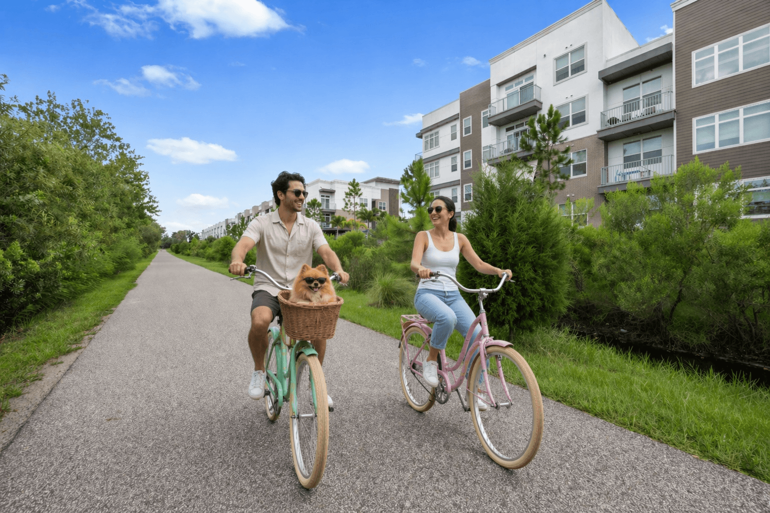 A man and woman ride bicycles down a path with a dog in a basket.